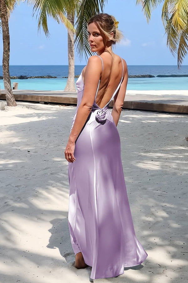 Lapis | Sky Blue - V Neck Sheath Satin Backless Long Formal Prom Dresses With Flower - KissProm