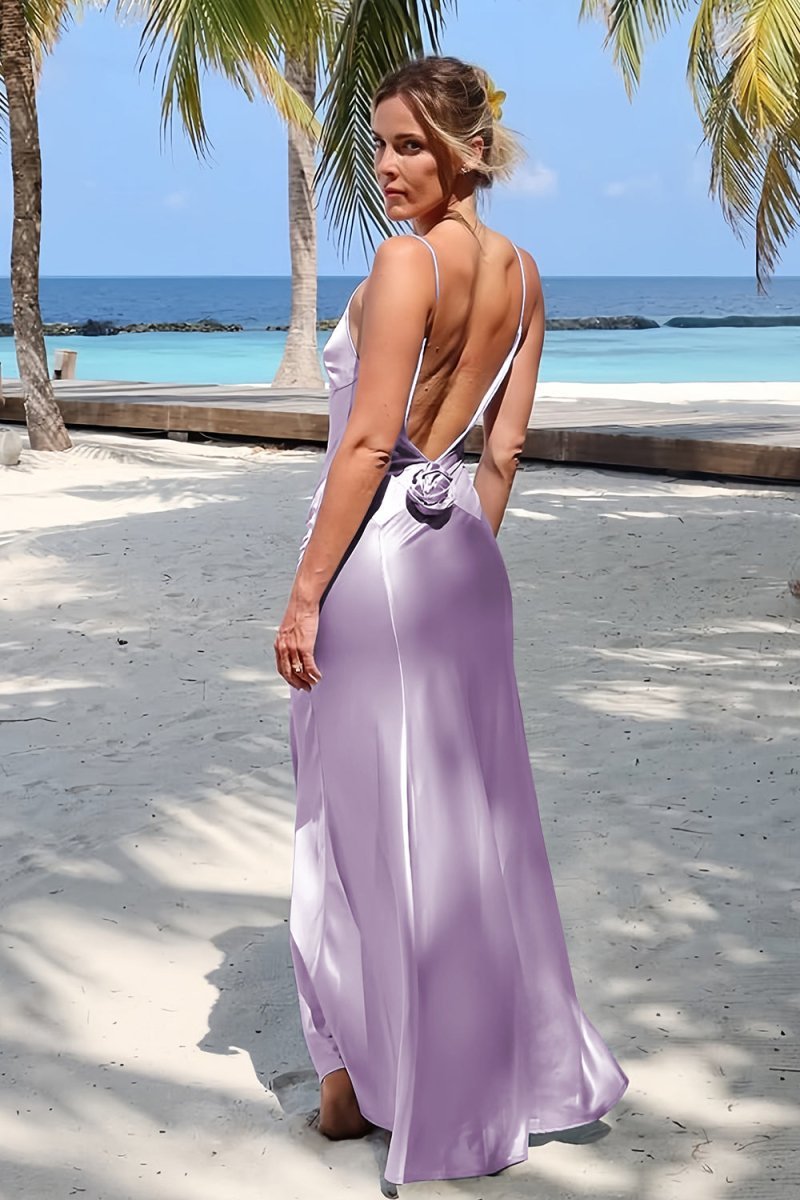 KissProm Sky Blue Spaghetti Straps Sheath Satin Backless Long Formal Prom Dresses With Flower, Sky Blue / 6