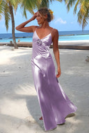 Lapis | Sky Blue - V Neck Sheath Satin Backless Long Formal Prom Dresses With Flower - KissProm