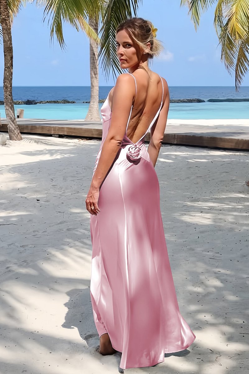 Sky Blue Spaghetti Straps Sheath Satin Backless Long Formal Prom Dresses With Flower