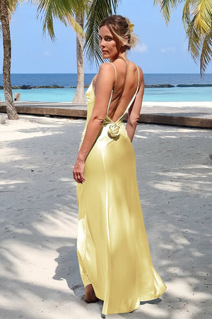 Lapis | Sky Blue - V Neck Sheath Satin Backless Long Formal Prom Dresses With Flower - KissProm