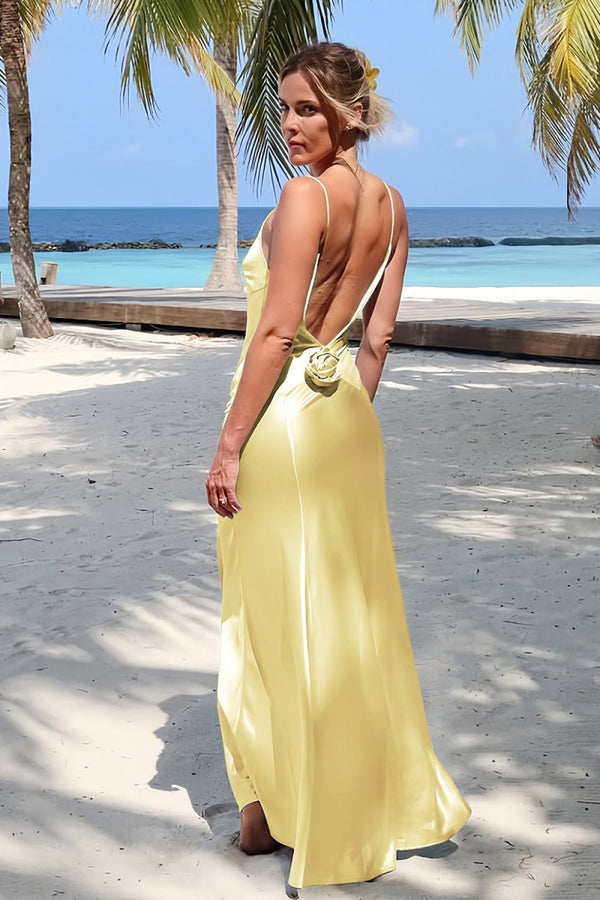 Lapis | Sky Blue - V Neck Sheath Satin Backless Long Formal Prom Dresses With Flower - KissProm