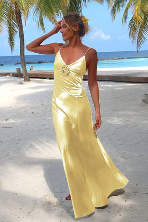 Lapis | Sky Blue - V Neck Sheath Satin Backless Long Formal Prom Dresses With Flower - KissProm