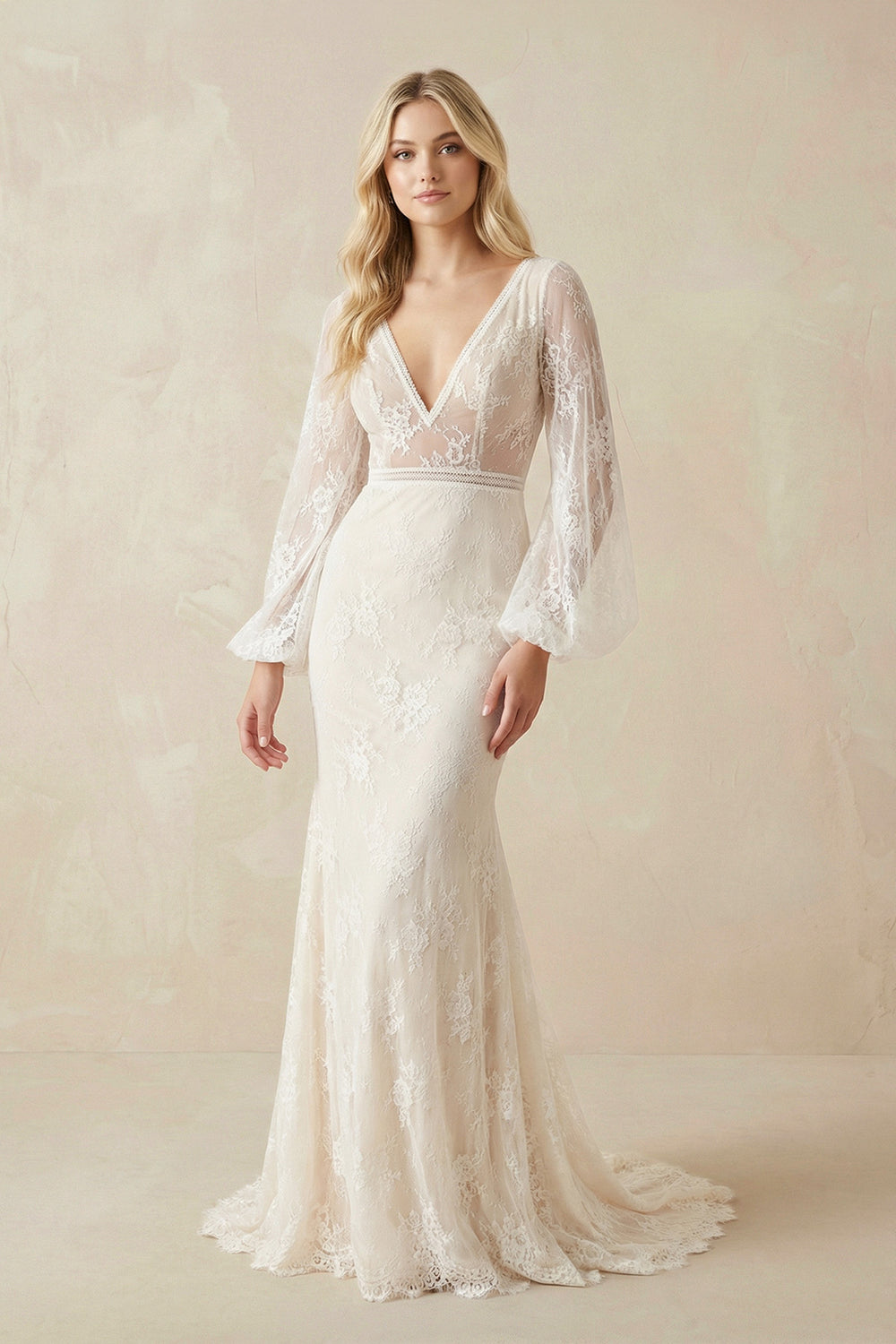 Long Lartern Sleeve Mermaid V-Neck Backless Lace Bohemian Wedding Dresses – Wedding Dresses by KissProm | Available at KissProm