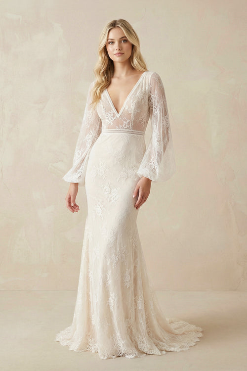 Long Lartern Sleeve Mermaid V-Neck Backless Lace Bohemian Wedding Dresses – Wedding Dresses by KissProm | Available at KissProm