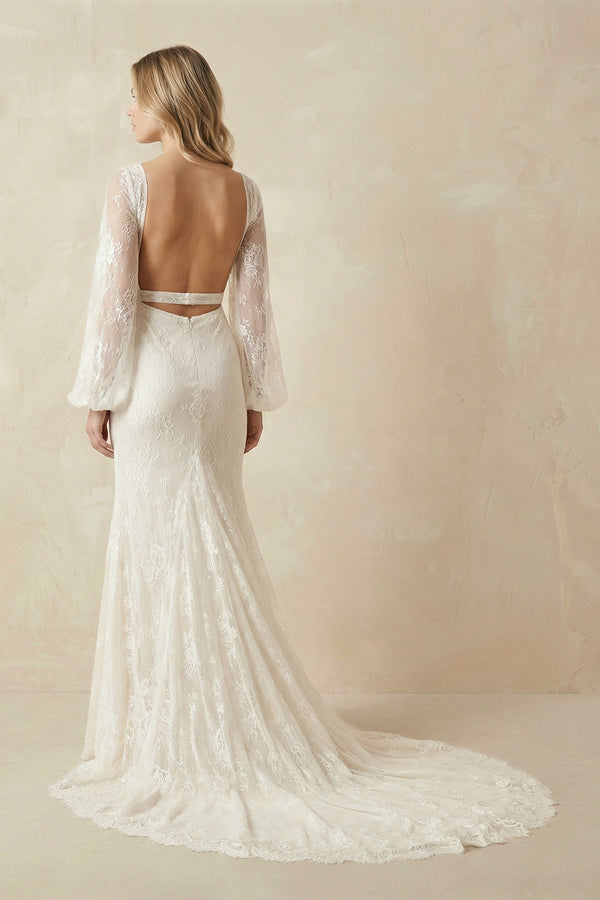 Long Lartern Sleeve Mermaid V-Neck Backless Lace Bohemian Wedding Dresses – Wedding Dresses by KissProm | Available at KissProm