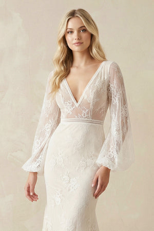 Long Lartern Sleeve Mermaid V-Neck Backless Lace Bohemian Wedding Dresses – Wedding Dresses by KissProm | Available at KissProm