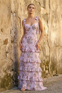 Blue Spaghetti Straps A Line Long Floral Prom Dress - KissProm