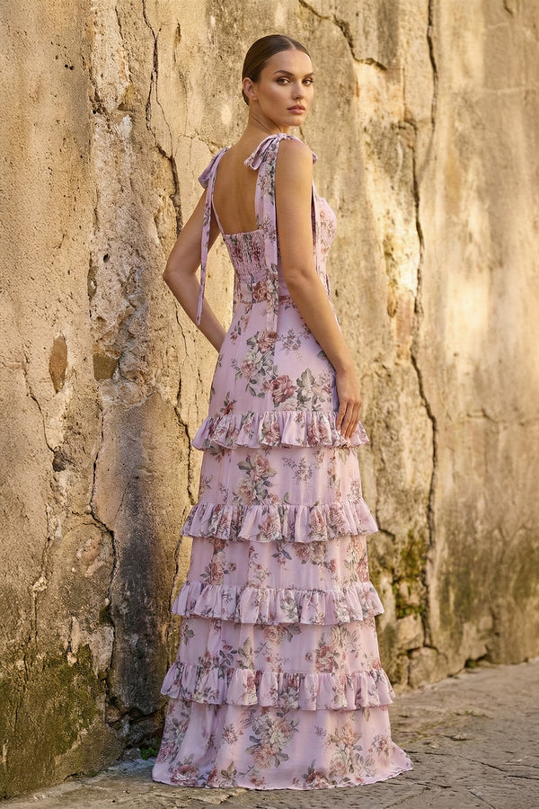 KissProm- Pink Sweetheart A Line Long Floral Prom Dress