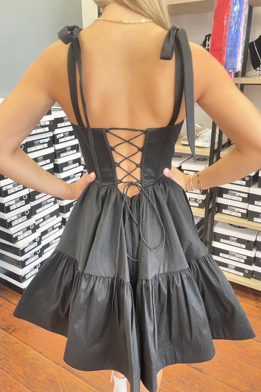 Lavandula | Black - Bow Straps Satin Ruffles A-line Short Homecoming Dresses