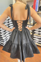 Lavandula | Black - Bow Straps Satin Ruffles A-line Short Homecoming Dresses