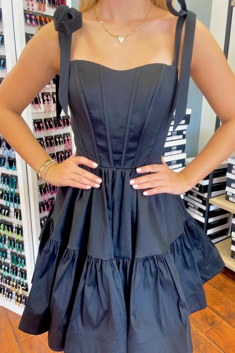 Lavandula | Black - Bow Straps Satin Ruffles A-line Short Homecoming Dresses
