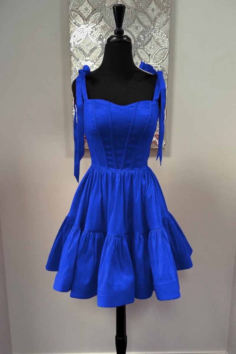 Lavandula | Royal Blue - Bow Straps Satin Ruffles A-line Short Homecoming Dresses