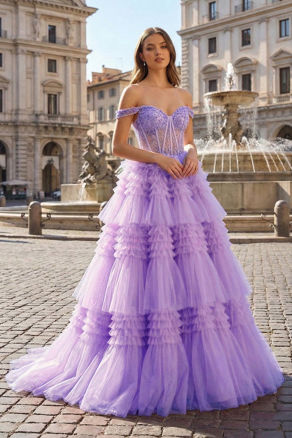 Red Tulle Off-the-Shoulder Ruffle Tiered Long Prom Dress - KISSPROM PROM DRESSES