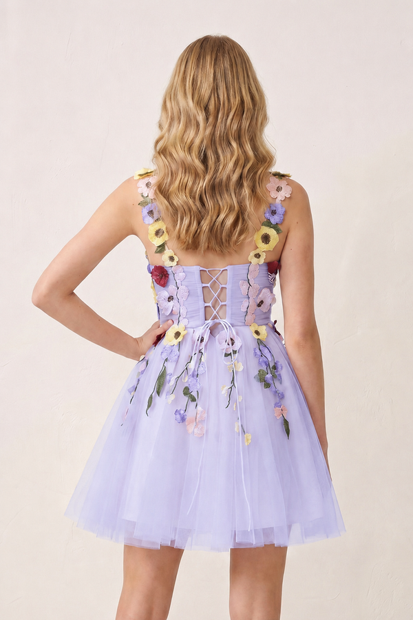 Lavender 3D Flower Tulle Short Length Prom Dresses (2) | KISSPROM