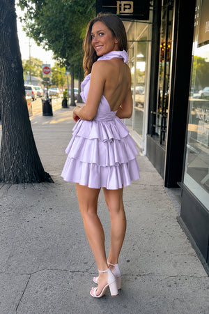 Lavender A-Line Deep Halter Satin Short Homecoming Dress with Ruffles (2) | KISSPROM