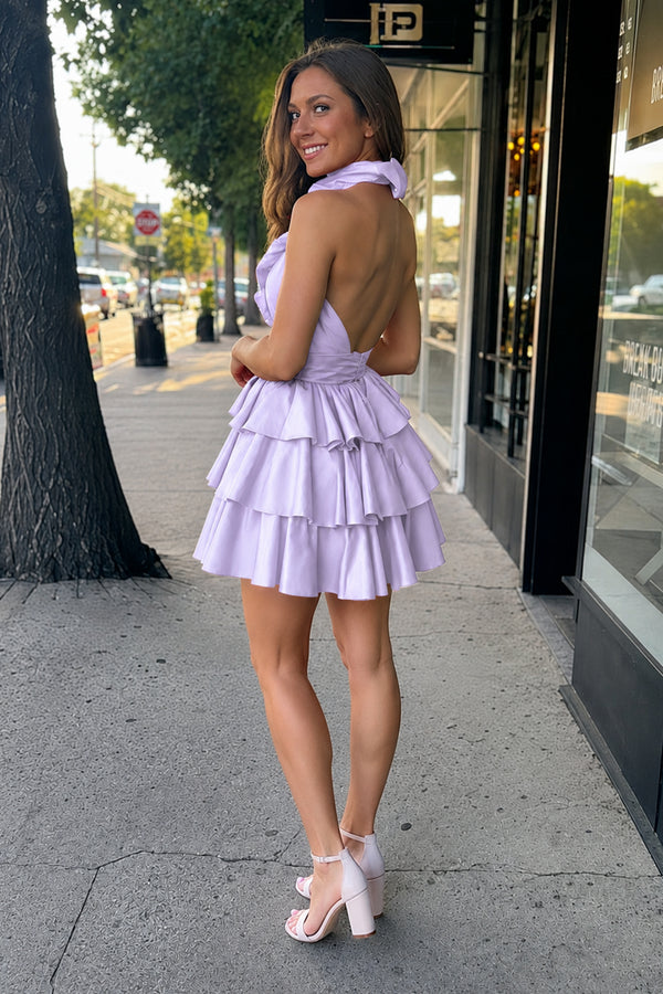 Lavender A-Line Deep Halter Satin Short Homecoming Dress with Ruffles (2) | KISSPROM