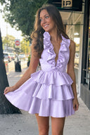 Lavender A-Line Deep Halter Satin Short Homecoming Dress with Ruffles | KISSPROM