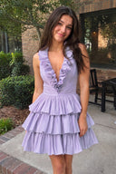Lavender A-Line Deep Halter Satin Short Homecoming Dress with Ruffles | KISSPROM