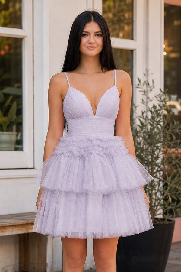 Layla | A-Line Deep V Neck Tiered Short Homecoming Dress