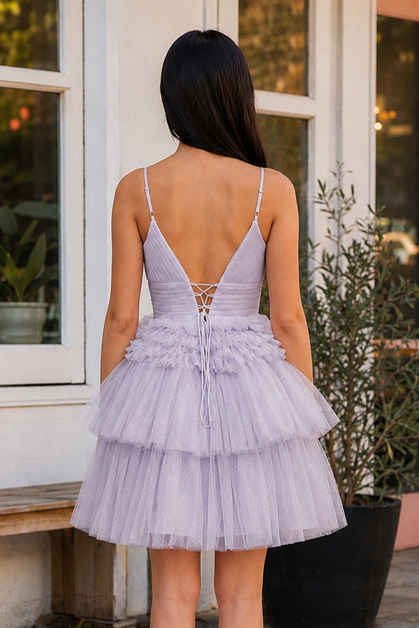 Layla | A-Line Deep V Neck Tiered Short Homecoming Dress
