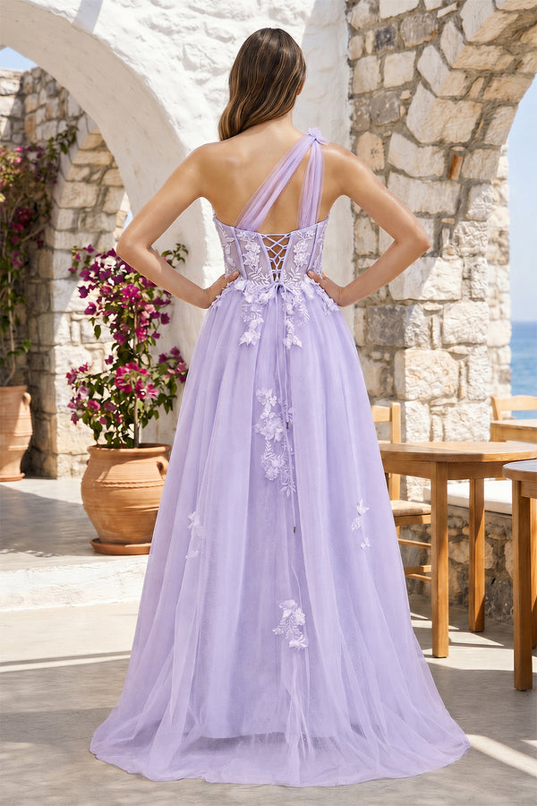 A Line One Shoulder Black Long Prom Dress with Appliques – Prom Dress by KissProm | Available at KissProm