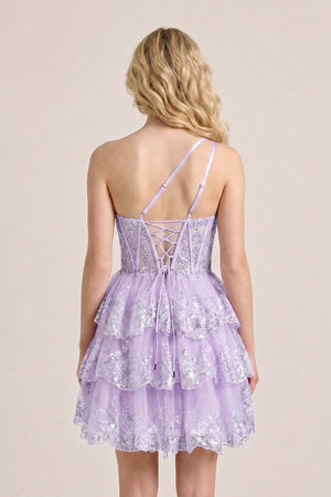 Lavender A Line One Shoulder Tiered Lace Short Homecoming Dress | KISSPROM