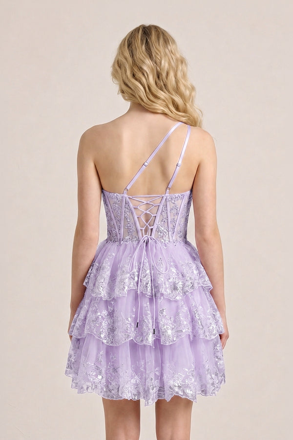 Lavender A Line One Shoulder Tiered Lace Short Homecoming Dress | KISSPROM