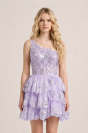 Lavender A Line One Shoulder Tiered Lace Short Homecoming Dress | KISSPROM