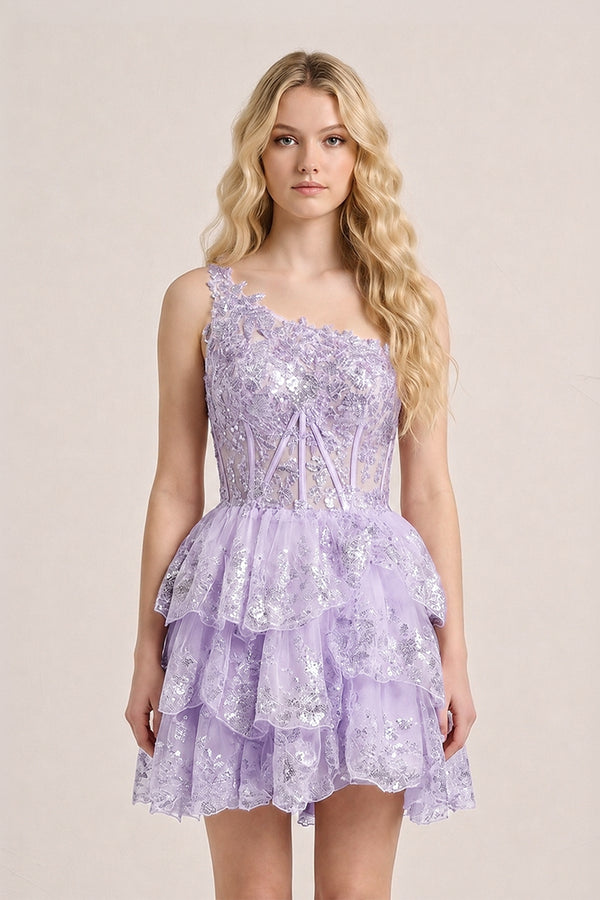 Lavender A Line One Shoulder Tiered Lace Short Homecoming Dress | KISSPROM