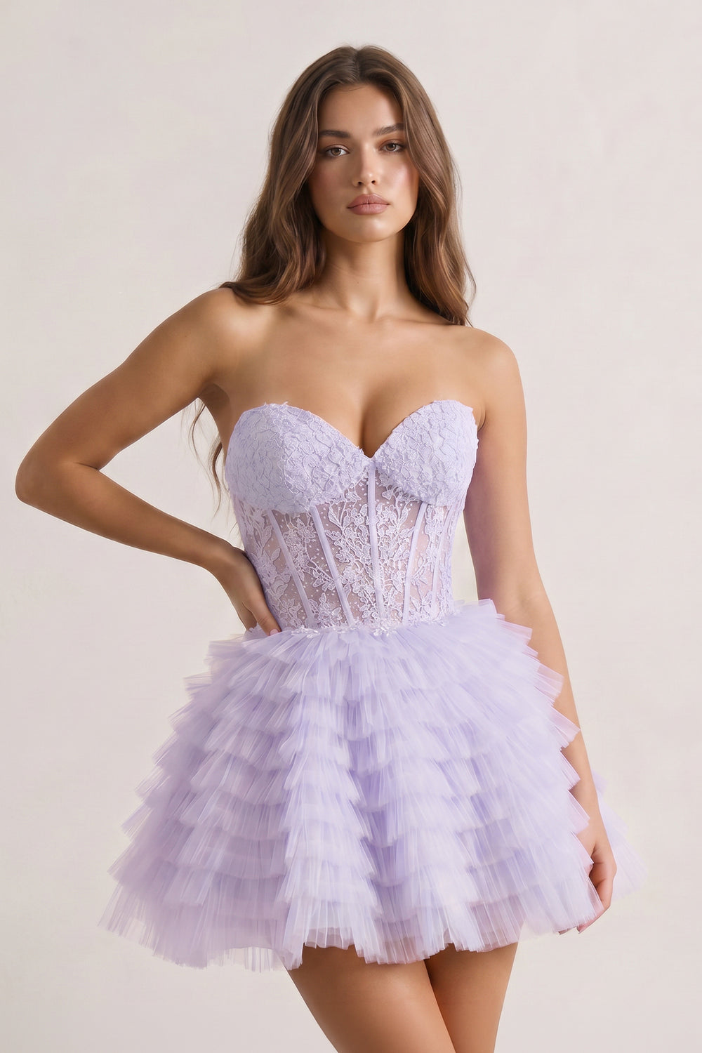 Lavender A-Line Ruffled Strapless Corset Short Homecoming Dress | KISSPROM