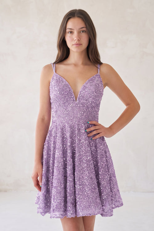 Lavender A Line V Neck Sequined Mini Party Dress | KISSPROM
