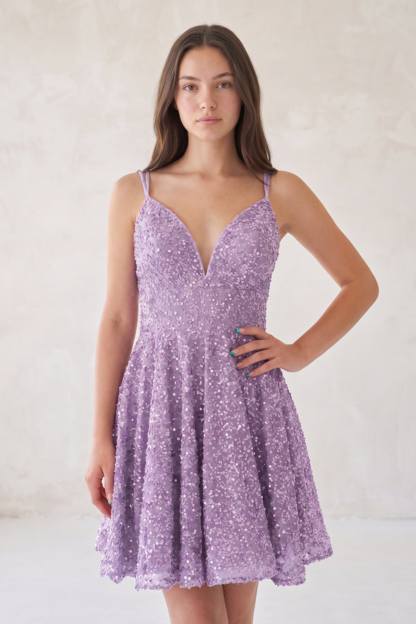 Lavender A Line V Neck Sequined Short Homecoming Dresses | KISSPROM
