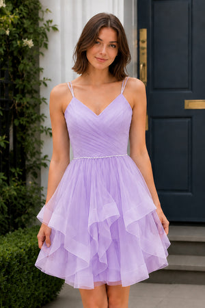 Lavender A-Line V Neck Short Homecoming Dresses (2) | KISSPROM