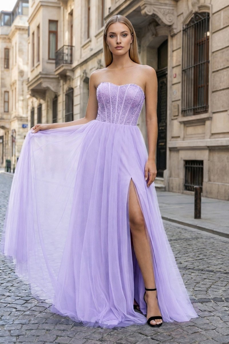 A-Line Sweetheart Beads Empire-Waist Sleeveless Prom Dress With Slit