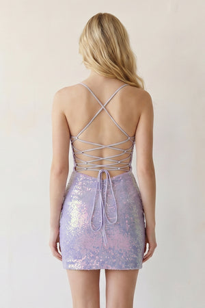 Lavender Fitted Bateau Spaghetti Straps Fully Sequined Lace-Up Mini Party Dresses - KISSPROM