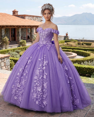 Big Bow Floral Flower Lace Applique Off Shoulder Ball Gown Quinceanera Dresses - KissProm