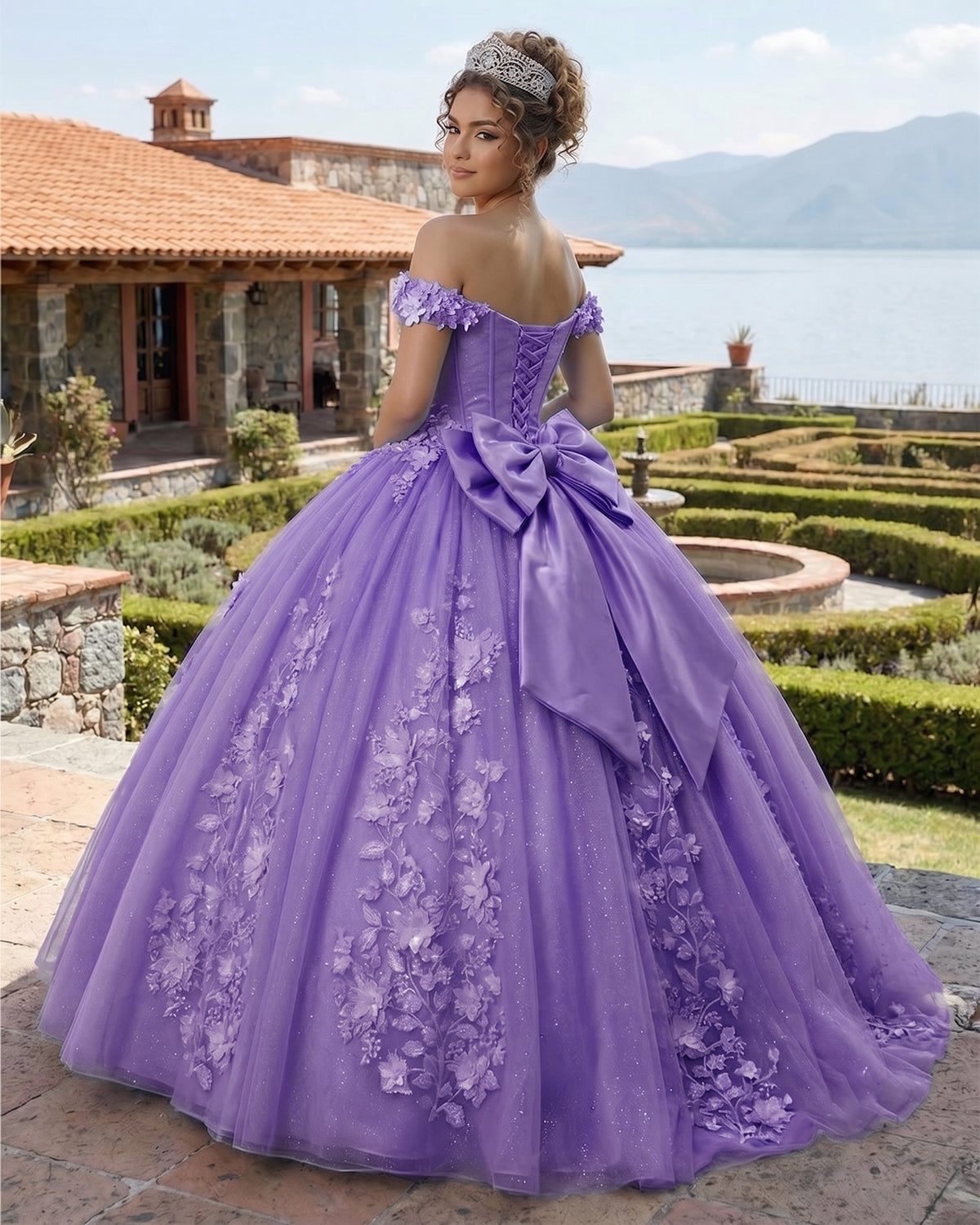 Big Bow Floral Flower Lace Applique Off Shoulder Ball Gown Quinceanera Big Bow Floral Flower Lace Applique Off Shoulder Ball Gown Quinceanera