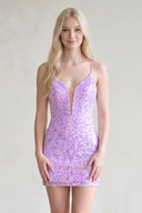 Lavender Bodycon Deep V Neck Sequins Mini Homecoming Dresses | KISSPROM