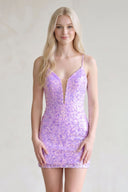 Lavender Bodycon Deep V Neck Sequins Mini Party Dress | KISSPROM