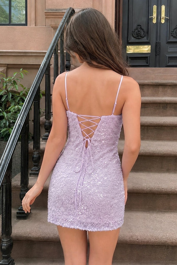 Lavender Bodycon Spaghetti Straps Mini Party Dress With Sequins (2) | KISSPROM