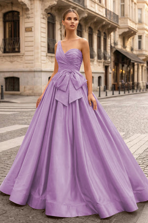 KissProm-Lavender One Shoulder Satin A Line Prom Dress With Bow