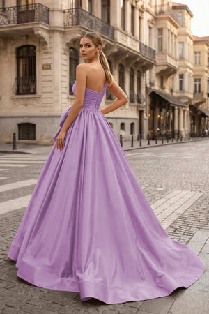 KissProm-Lavender One Shoulder Satin A Line Prom Dress With Bow