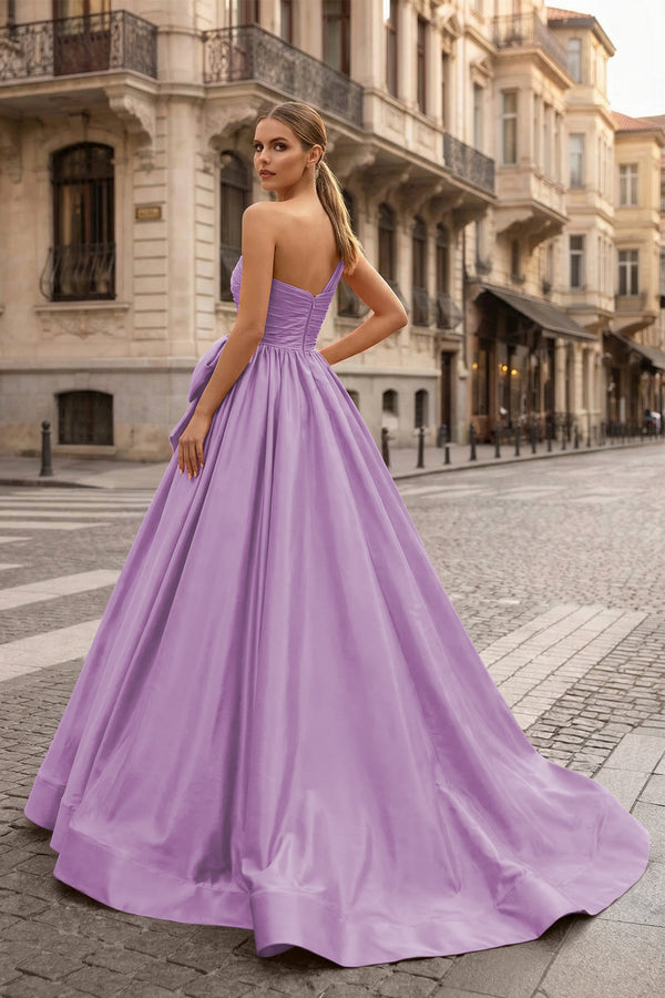 KissProm-Lavender One Shoulder Satin A Line Prom Dress With Bow