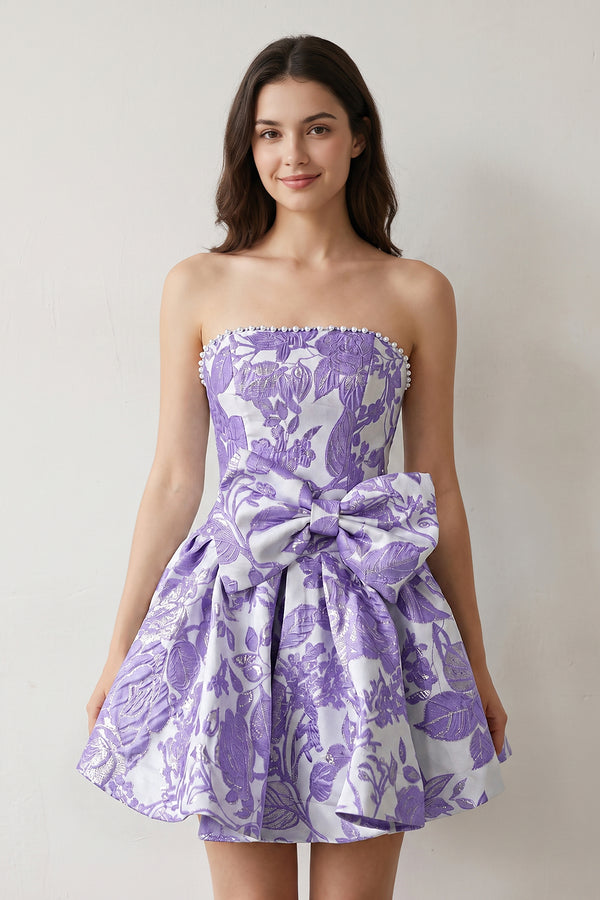 Lavender Flower Jacquard Strapless A-Line Bowknot Homecoming Dress With Pearl (3) | KISSPROM