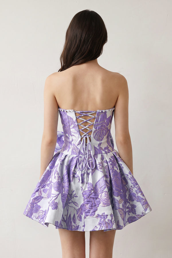 Lavender Flower Jacquard Strapless A-Line Bowknot Homecoming Dress With Pearl (4) | KISSPROM