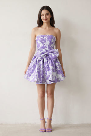 Lavender Flower Jacquard Strapless A-Line Bowknot Homecoming Dress With Pearl (5) | KISSPROM