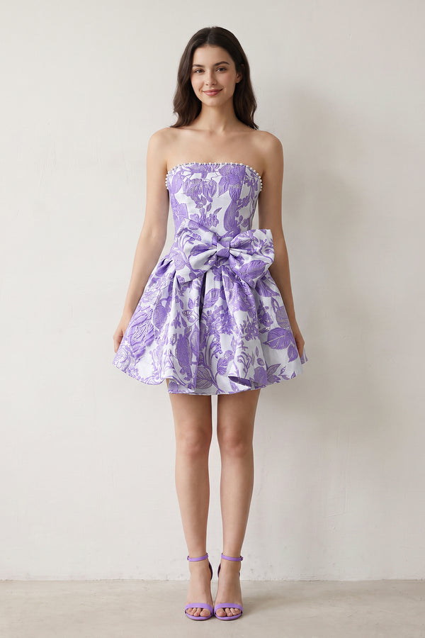 Lavender Flower Jacquard Strapless A-Line Bowknot Homecoming Dress With Pearl (5) | KISSPROM