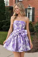 Lavender Flower Jacquard Strapless A-Line Bowknot Homecoming Dress With Pearl | KISSPROM