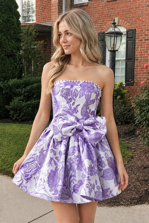 Lavender Flower Jacquard Strapless A-Line Bowknot Homecoming Dress With Pearl | KISSPROM